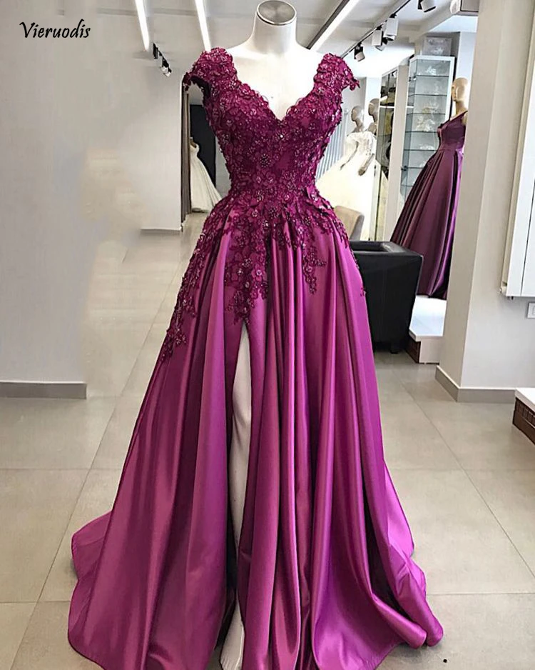 

Elegant Long Dresses Evening 2019 Sexy High Slit Beaded Applique Purple Ladies Formal Evening Gown