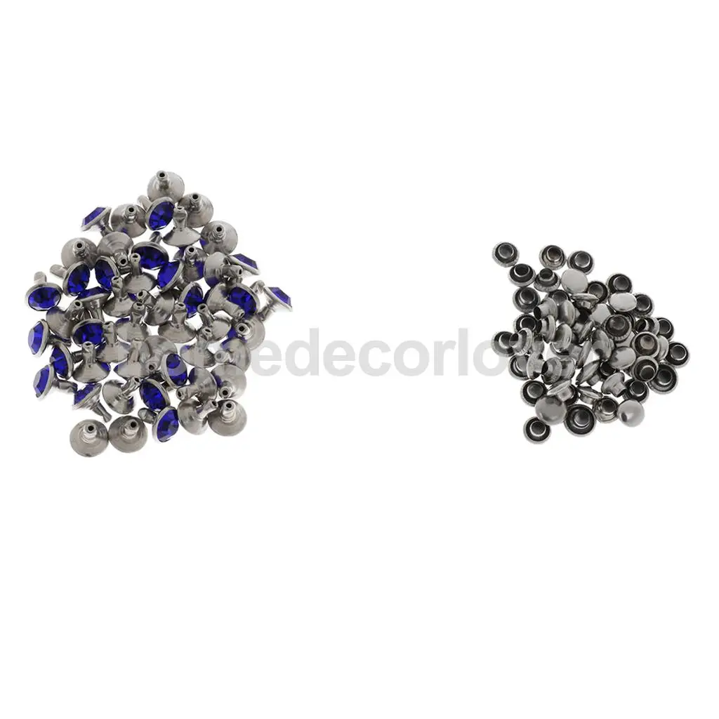 50 Sets Blue Rhinestone Rivets Crystal Rapid Rivets Spots Studs Double Cap for DIY Leather Craft Clothes Bag Shoes Decor