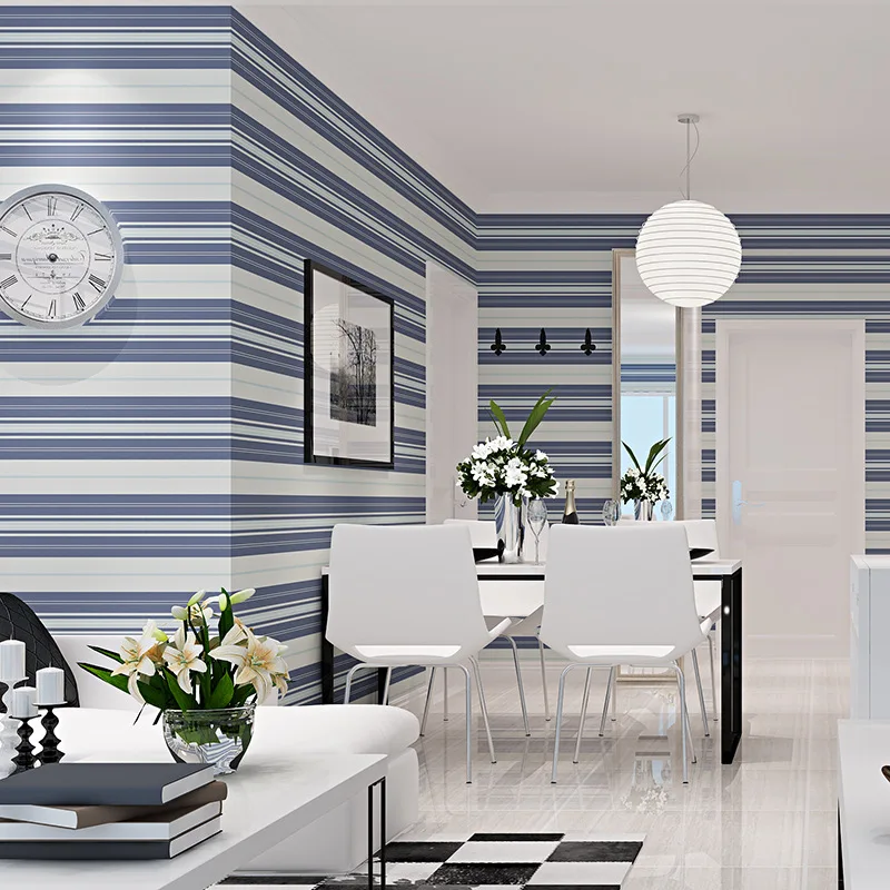 beibehang Blue horizontal and vertical stripes wallpaper simple Mediterranean 3D bedroom living room TV background wall