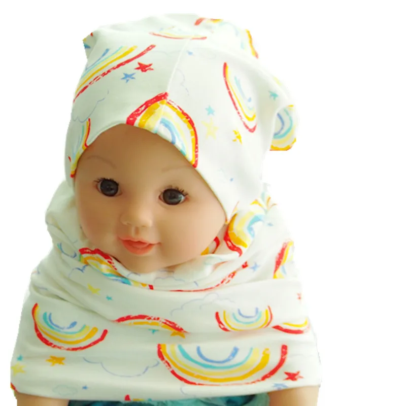 Хлопковый Детский шарф с рисунком звезды, сердца, якоря, мороженого, шапочки Детские шапки с воротником для мальчиков и девочек Детские колпачки костюмы - Цвет: rainbow2