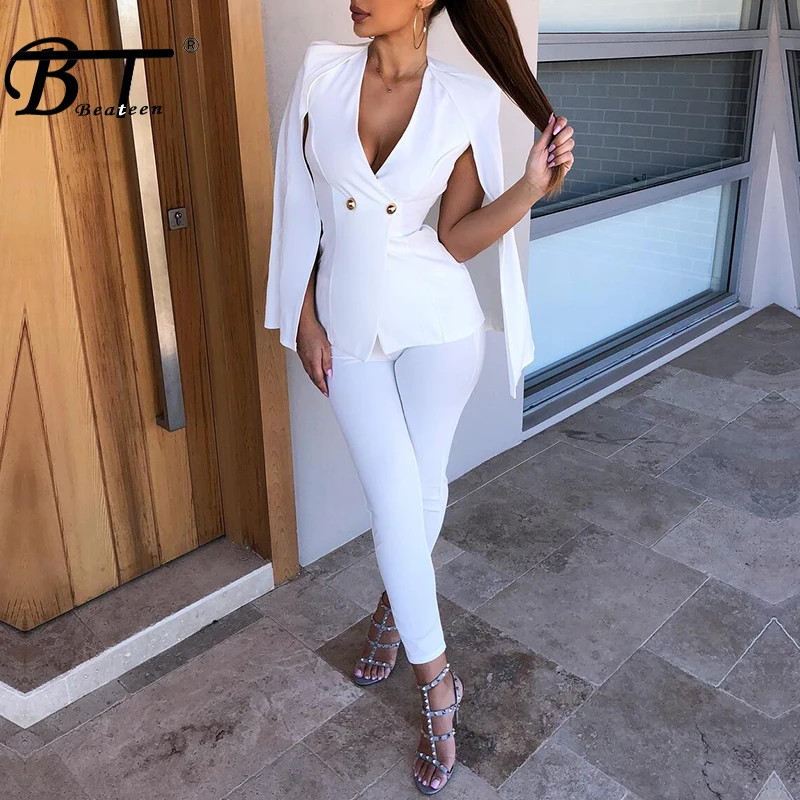Beateen Cloak Formal Pant Suits Deep V Double Breasted Fashion 2018 New Hot 2 Piece Sets