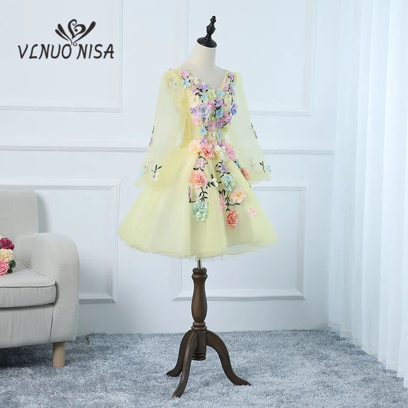 VLNOU NISA вечерние коктейльные платья с длинным рукавом, летнее Короткое женское платье, торжественное платье, 3D аппликация, цветной v-образный вырез HR206