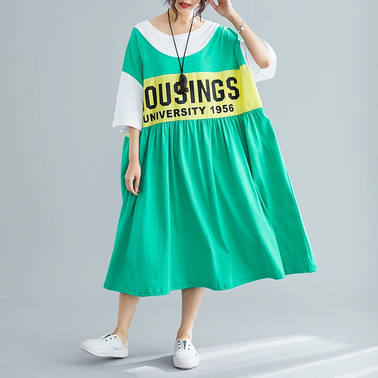 Plus Size Korean Cotton T Shirt Dress Summer Midi Patchwork Dresses For Women 4XL 5XL 6XL 7XL Vestidos Loose Pleated Dress