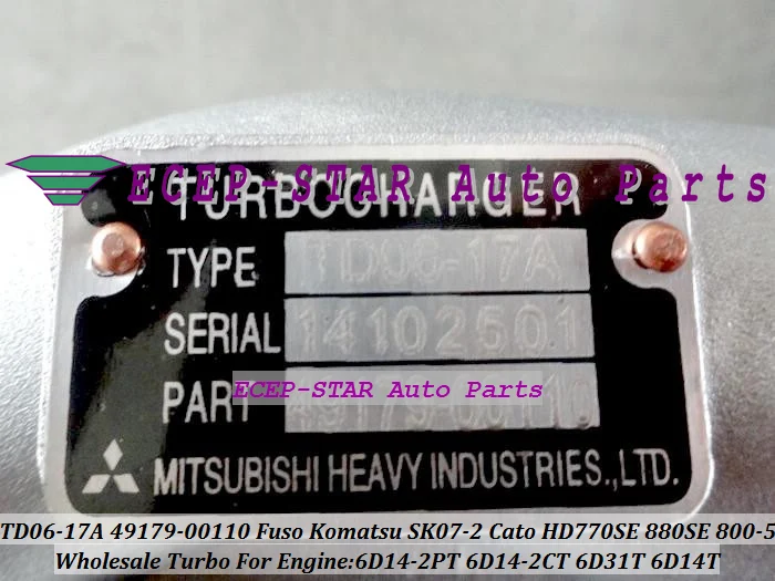 Бесплатная доставка TD06 17A 49179 00110 турбо для Mitsubishi Fuso SK07 2 Kato HD770SE 880SE CATO 5 Excavator 6D31 6D14