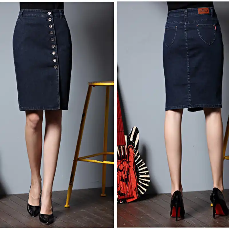 knee length button down denim skirt