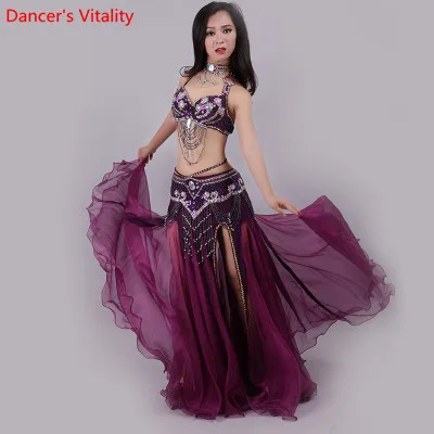 Handmade Beaded Embroidery Bra Skirt Belly Dance Costume For Women Oriental Dress For Dance set custom made Free Shipping - Цвет: Фиолетовый