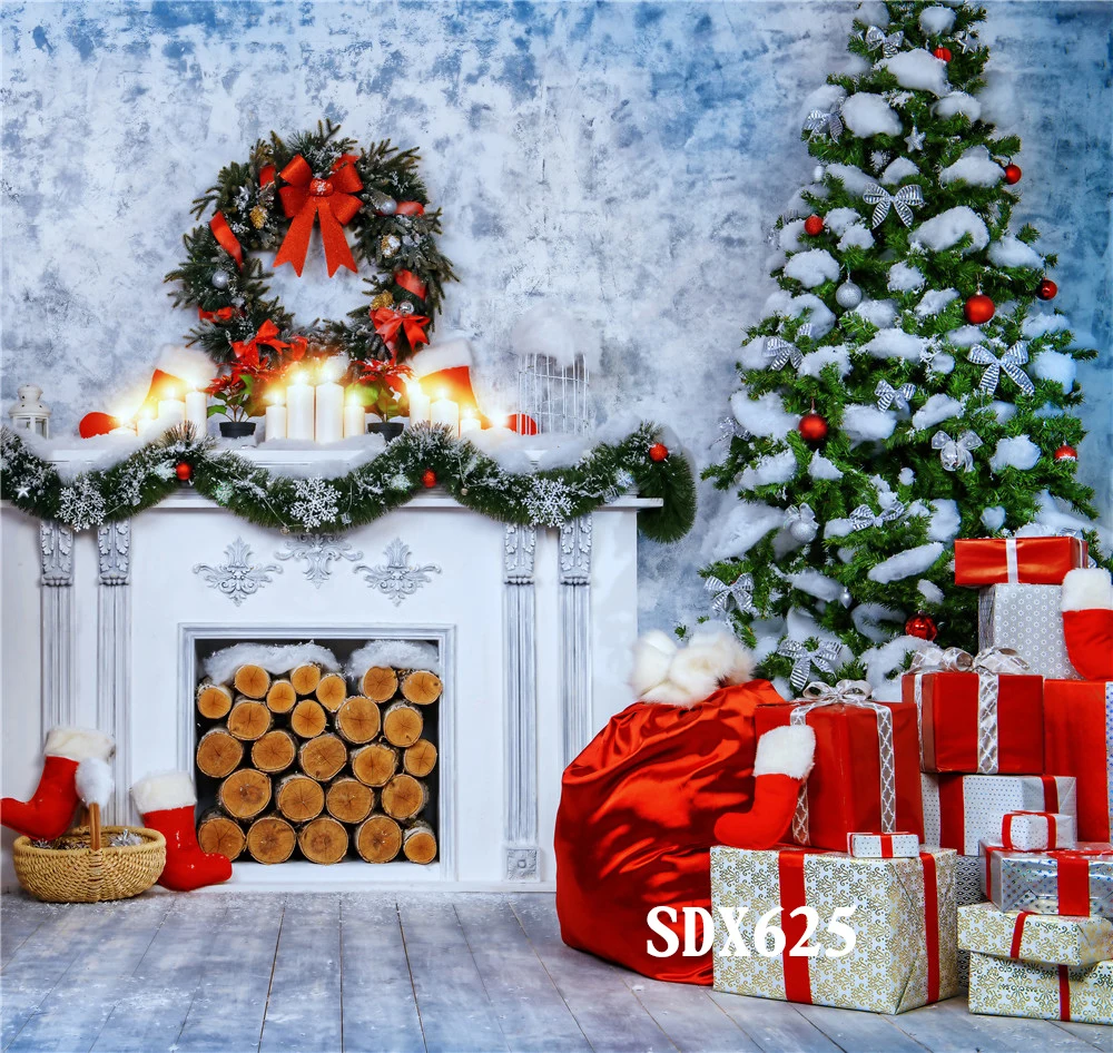 

LB Christmas Gifts&Tree Vinyl Photography Backdrop Studio Photo Background XMAS Wreath and Candle on Fireplace Home Party Decor