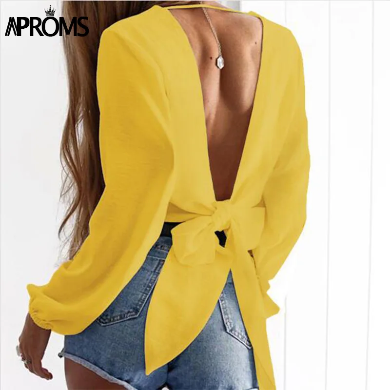 Aproms Deep V Neck Chiffon Blouse Women Sexy Backless Bow Tie Loose Tops Female Shirt Elegant Streetwear Summer Crop Top Blusas