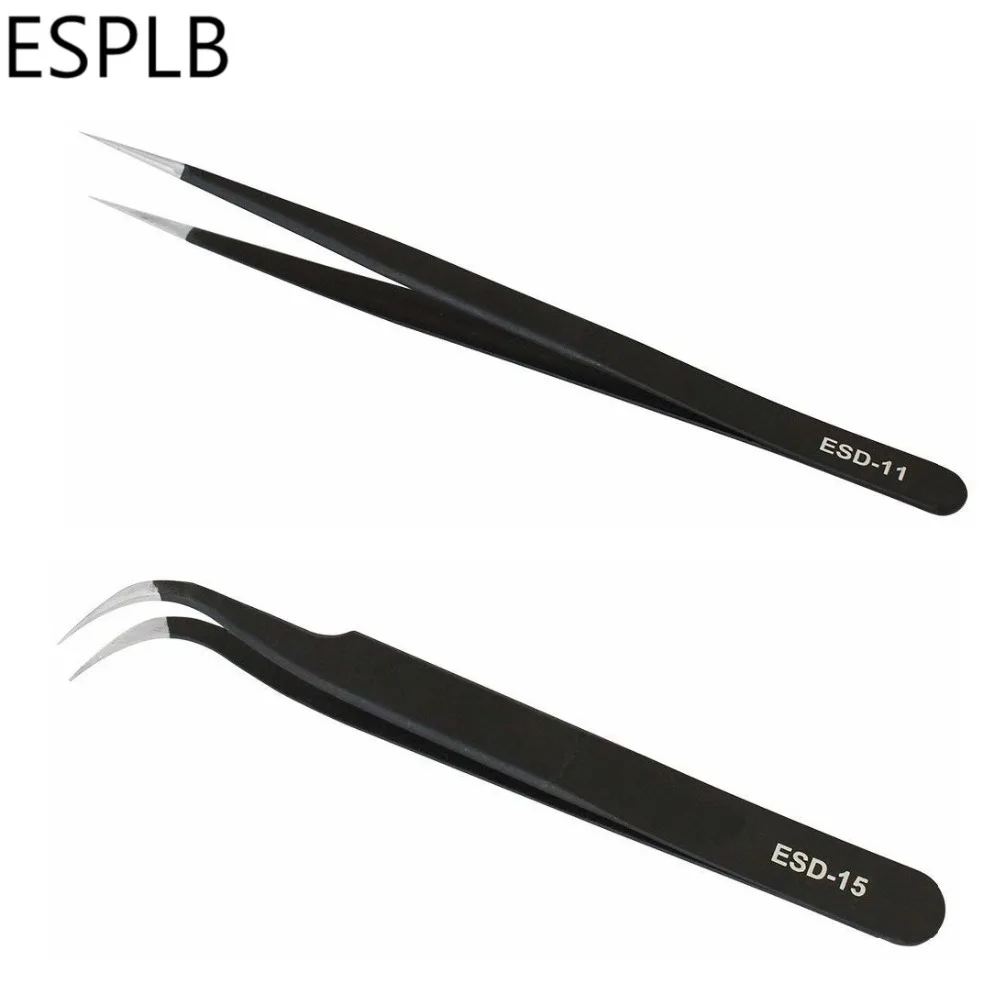 

ESPLB ESD-11 ESD-15 Anti Static Stainless Steel Precision Tweezers Straight Curved Tip Tweezers for Electronics 2pcs/Set
