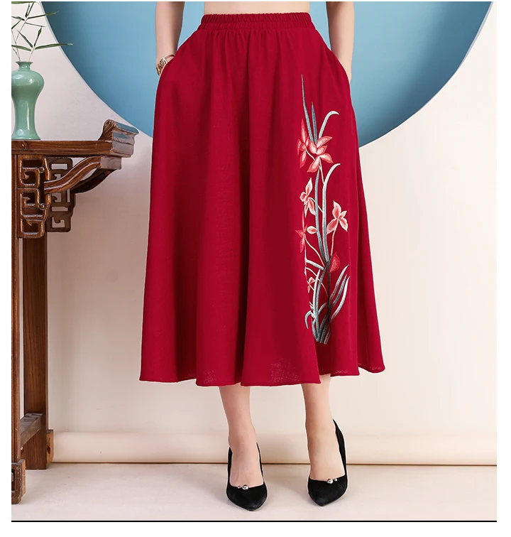 KYQIAO faldas mujer moda Женская длинная юбка женская осень весна китайский стиль Этническая Длинная черная красная юбка с вышивкой