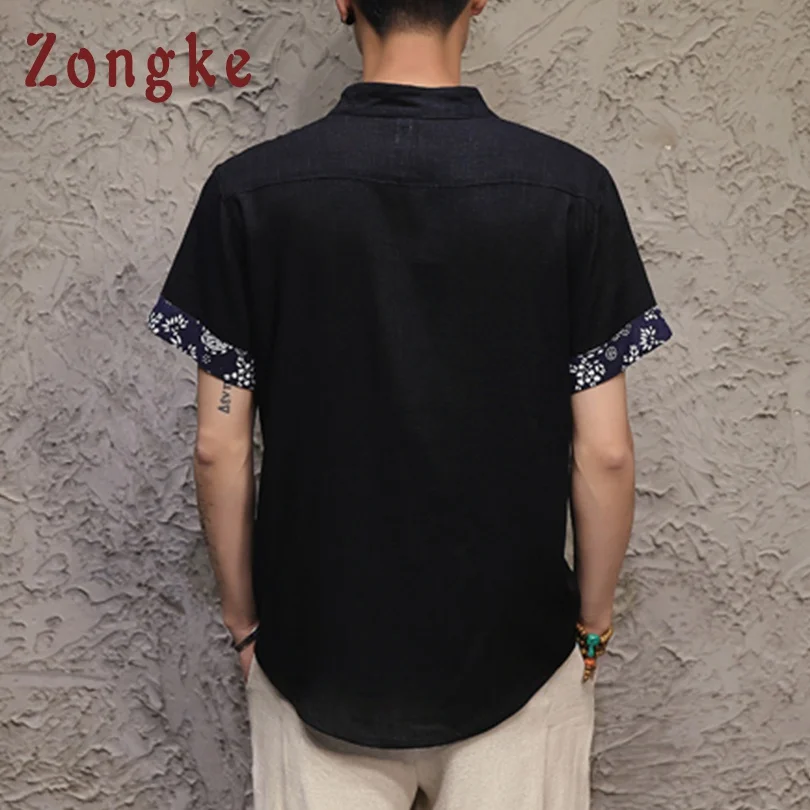 Zongke китайский стиль вышивка льняная с коротким рукавом белая винтажная рубашка Мужская Уличная черная рубашка мужская летняя рубашка 5XL