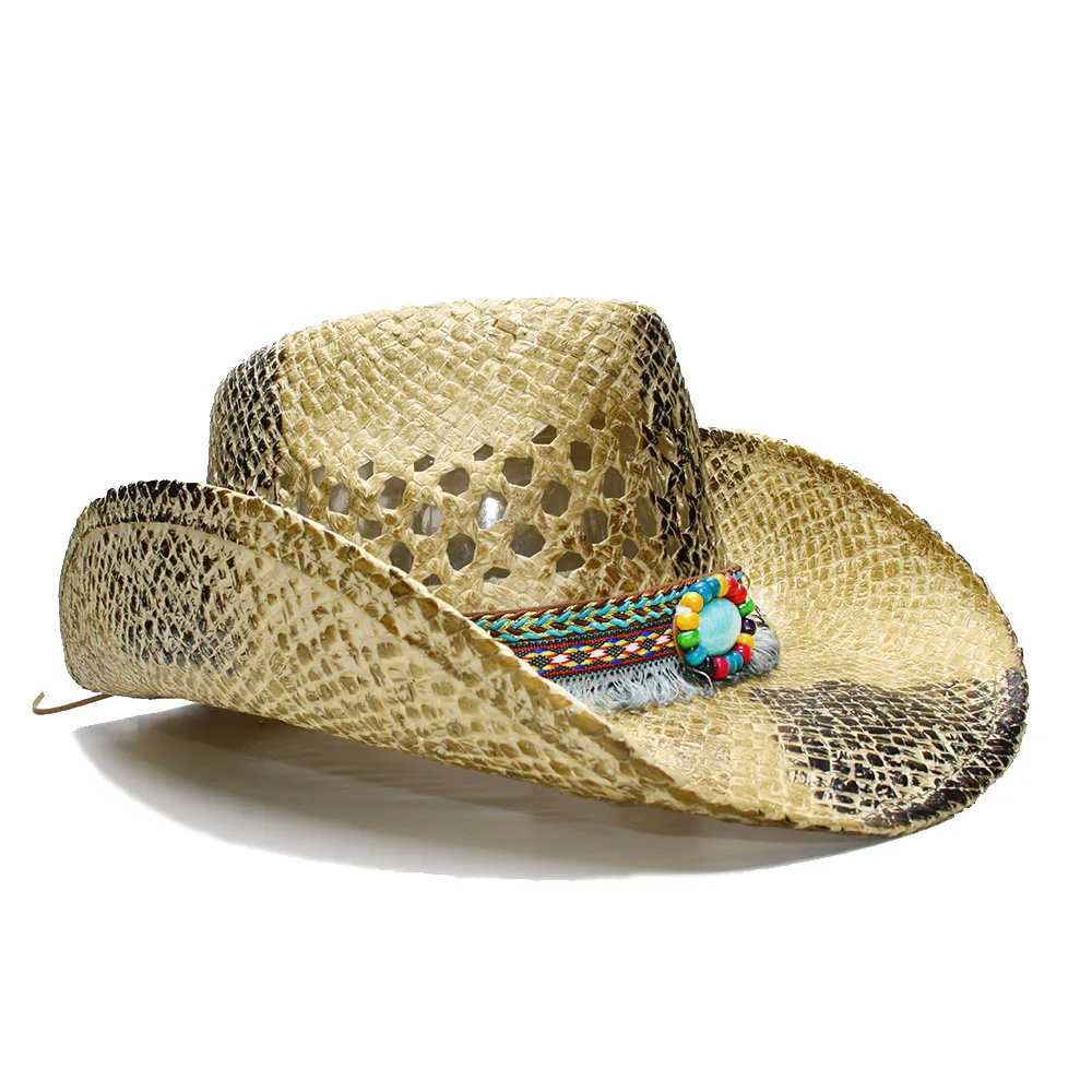 LUCKYLIANJI Для женщин Для мужчин летние соломенные пляжные ковбой Западные Пастушка фетровая шляпа с кисточкой Бирюзовый бисера группы