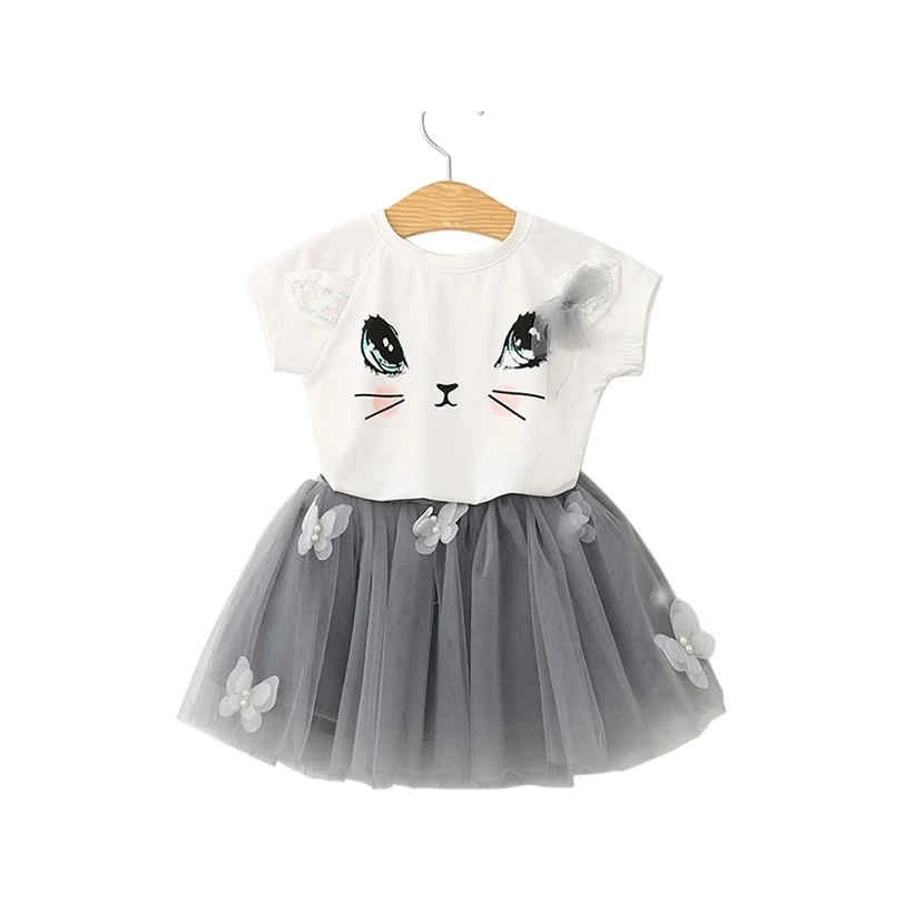 

ARLONEET Summer Kids Girls Dress Clothes Cartoon Cat T Shirt Lace Children Kids Clothes Suits Clothes Kids Vestido Infantil H30
