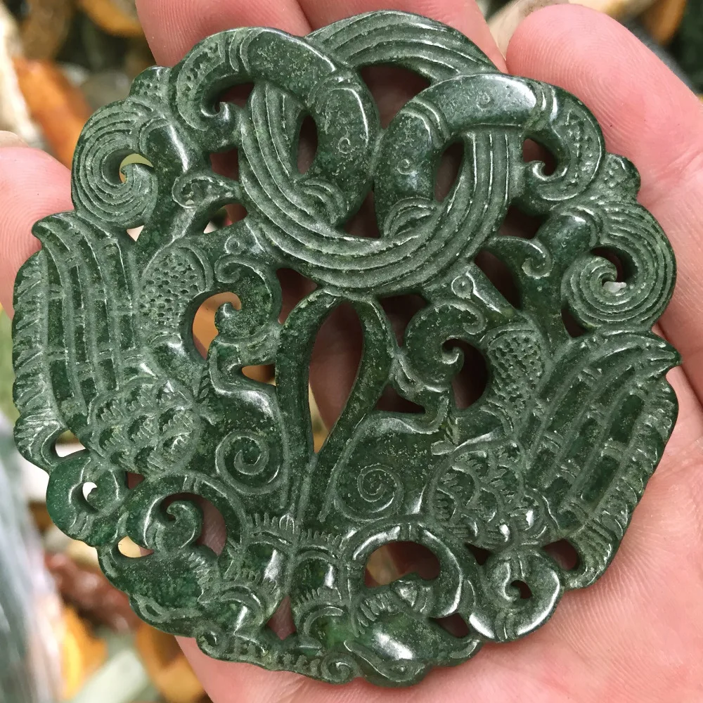 

CHINESE OLD HANDWORK GREEN JADE CARVED Phoenix DRAGON statue PENDANT 009