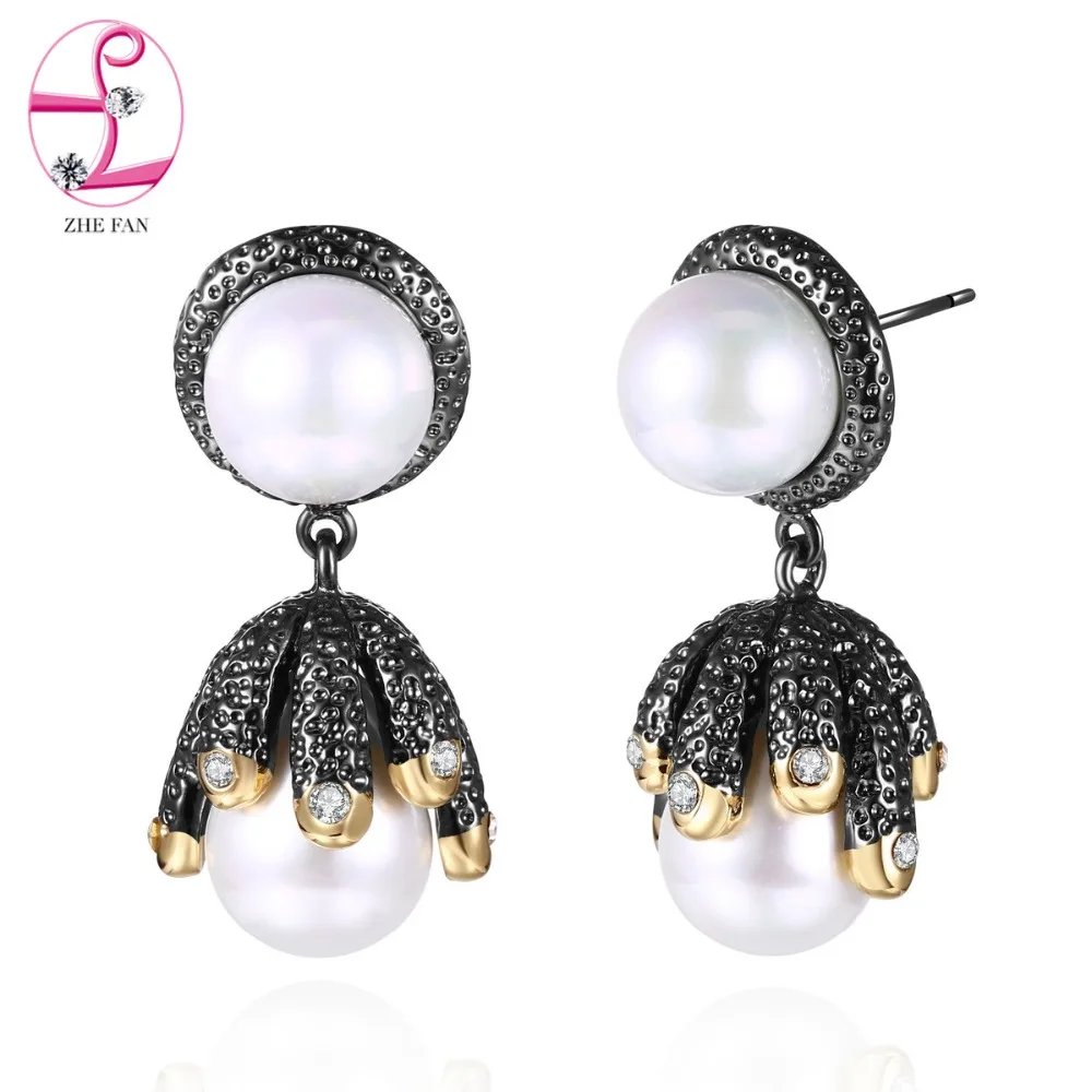 

ZHE FAN Simulated Pearl Earrings Black Gold Color Vintage Long Dangle Earrings Earring For Women 2 Tone Plating Jewelry Party