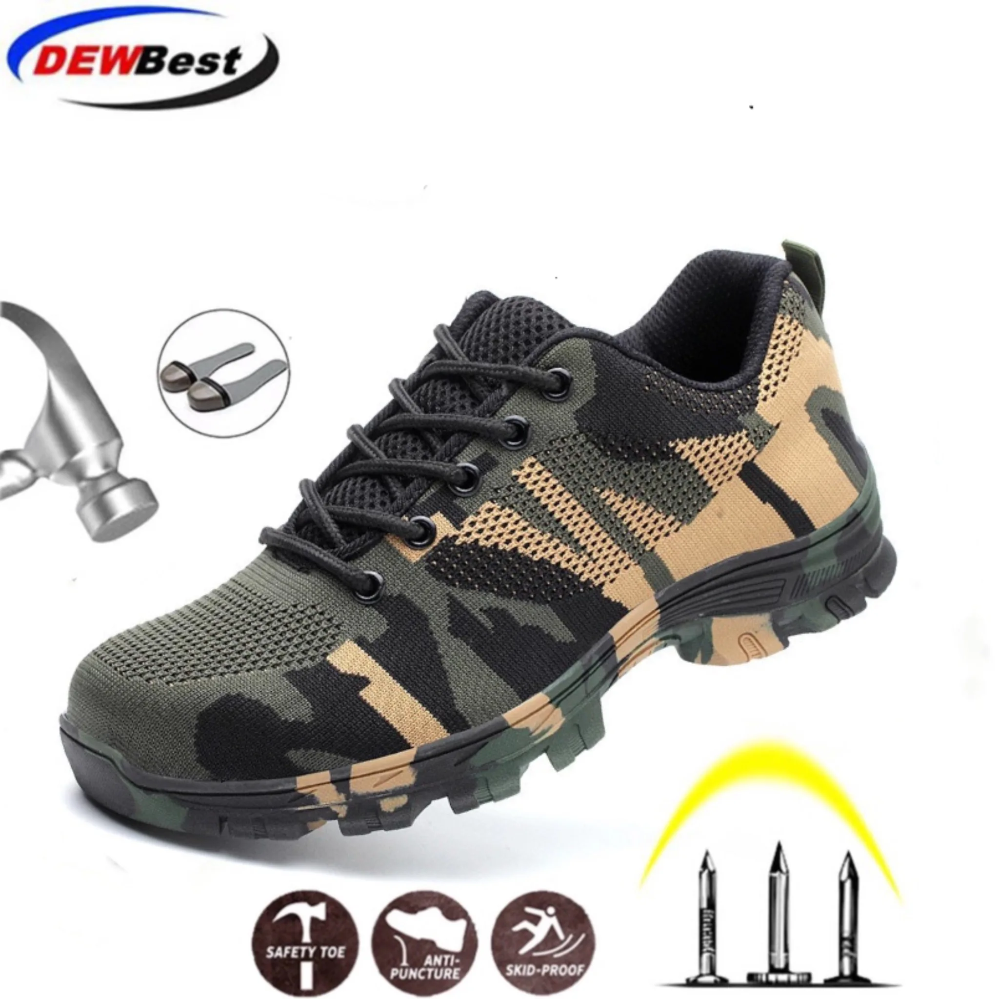 

DEWBEST Hot Sale Unisex Shielding Safety Shoes Men Work Boots Camouflage Steel Toe Boots Men Outdoor Shoes Air Mesh Safely Boots