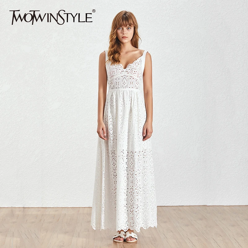 

TWOTWINSTYLE Hollow Out Sexy Bandage Dress For Women Sleeveless High Waist Midi Female Dresses Elegant 2019 Summer Clothes
