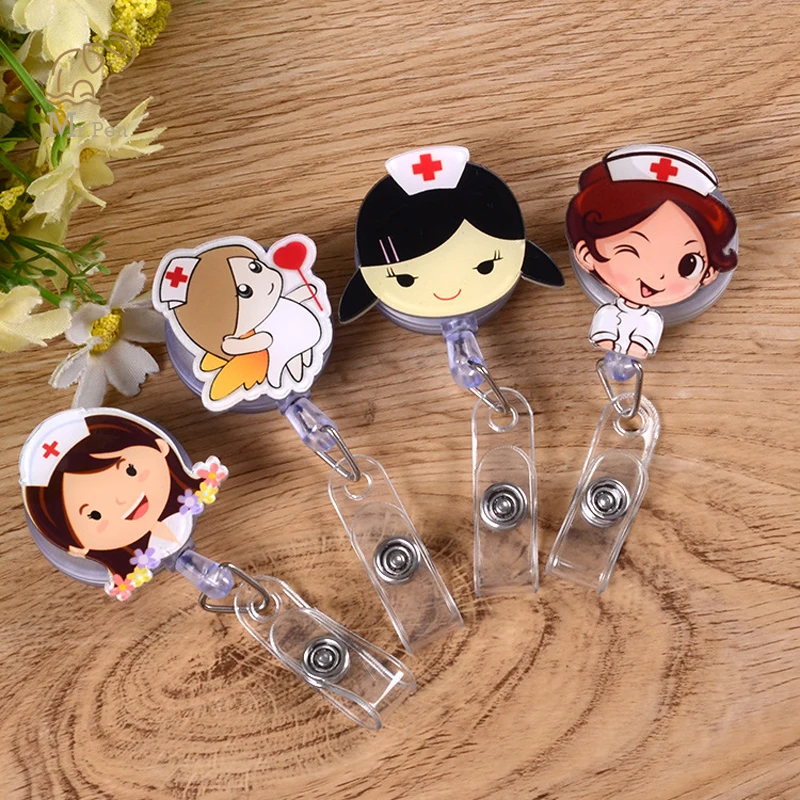 

1pc Cute Cartoon Nurse Doctor Shape Retractable Badge Reel Kawaii Students Nurse Exhibition Pull Key ID Name Card Badge Holder