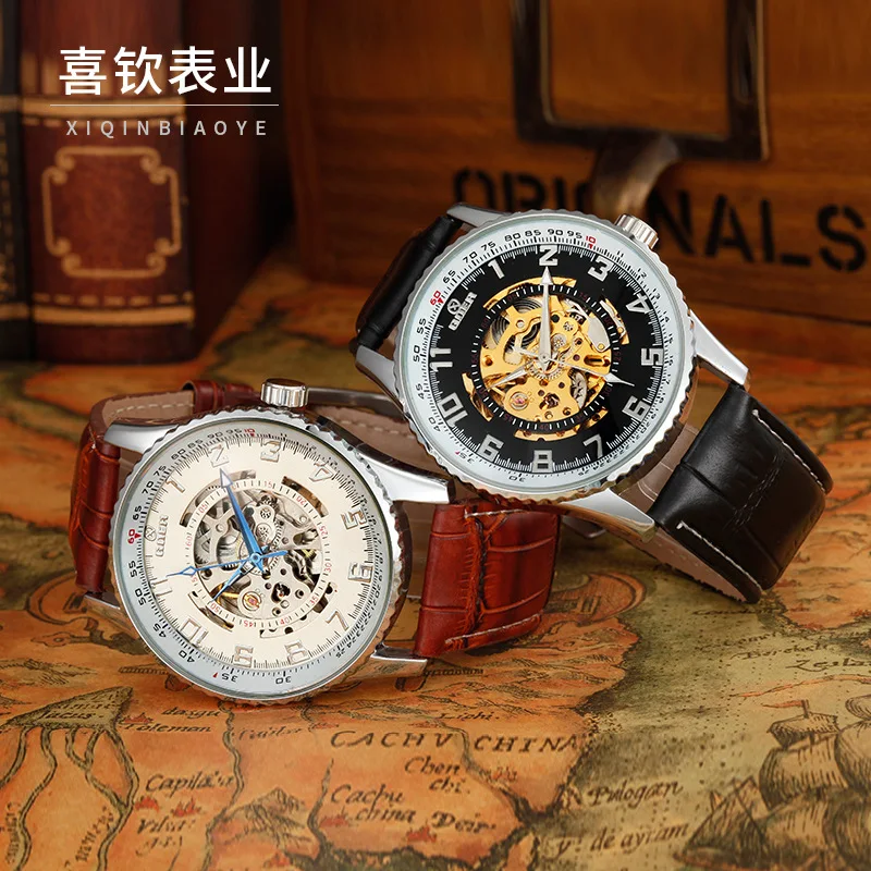 GEOR brand leather machinery male Wrist watch waterproof Luminous digital Men s Automatic Watch fashion Skeleton