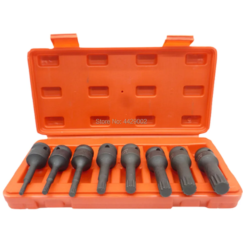 8pcs Air Impact Tamperproof Spline 12 Point Bit Socket Set 1/2" Dr Spline Impact Socket Bits Set M5 M6 M8 M10 M12 M14 M16 M18