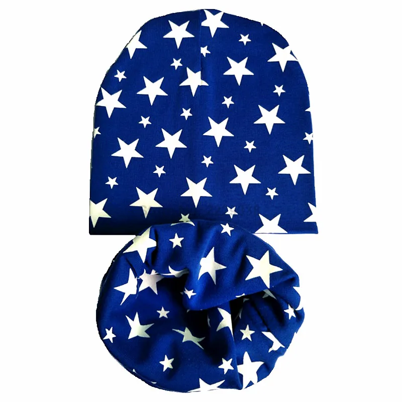 Детская шапочка; милая хлопковая детская шапка с принтом со звездой; Весенняя детская шапка с шарфом и воротником; Детские шапочки для мальчиков и девочек; шапка; комплект шапок для малышей - Цвет: Blue full star set
