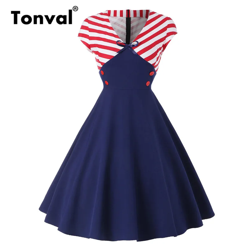 

Tonval Retro Striped Contrast A Line Rockabilly Dress Plus Size Women V neck Button Dresses Vintage Pin Up Midi Dress