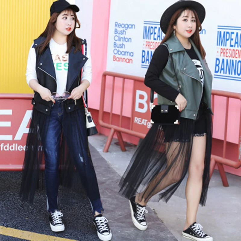 

2018 summer women pu leather vest Spliced Detachable mesh Turn-down Collar female sleeveless top plus size solid color fashion