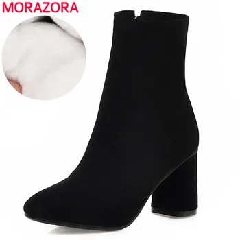 

MORAZORA 2020 Newest women ankle boots flock zip solid colors autumn winter Chelsea boots high heels dress party shoes woman