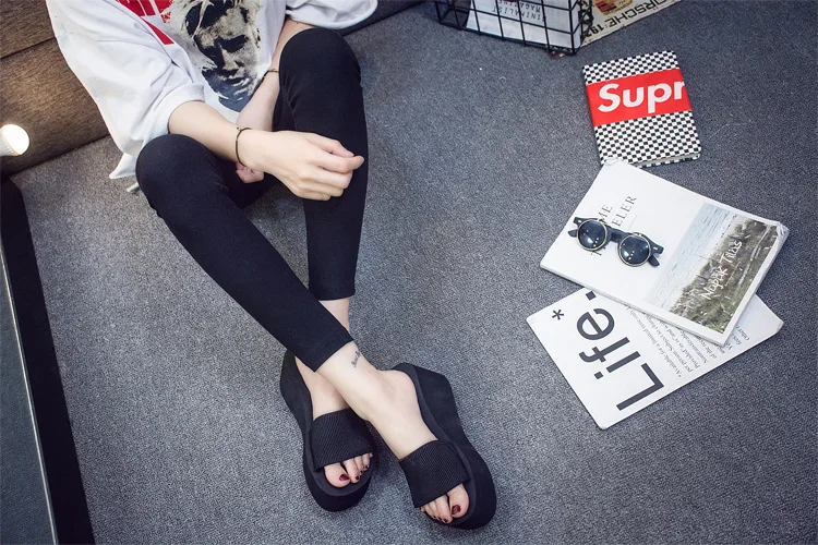 Summer Woman Shoes High Heel Slippers Platform bath slippers Wedge Beach Flip Flops  For Women Brand Black EVA Ladies Shoes (33)