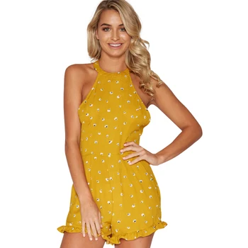 

Summer Beach Playsuit 2019 Halter Sleeveless Printed Jumpsuit for Women Overalls Sexy Ruffle Backless Club Romper