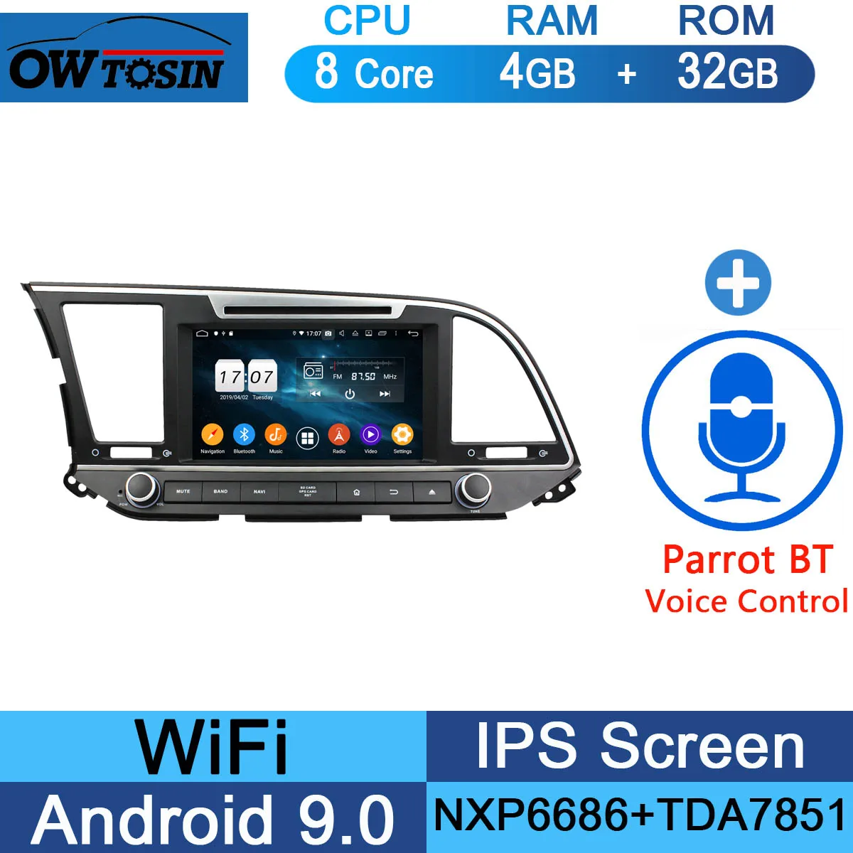 32G Parrot BT " ips Восьмиядерный 4G ram+ 64G rom Android 9,0 автомобильный DVD навигационный GPS радиоприемник для hyundai Elantra DSP CarPlay Parrot BT стерео - Цвет: 32G Parrot BT