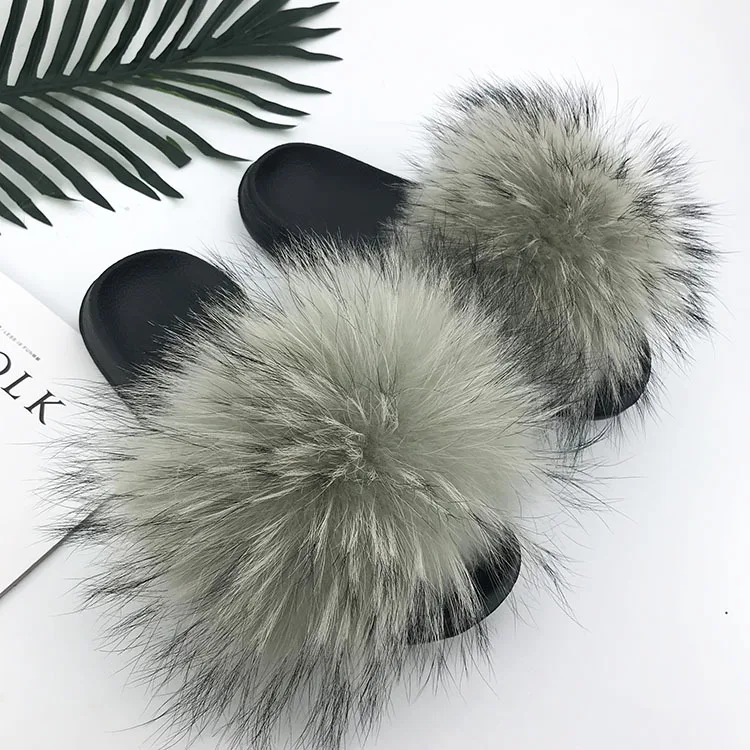 Real Raccoon Fur Slippers Women Sliders Casual Fox Hair Flat Fluffy Fashion Home Summer Big Size 45 Furry Flip Flops Shoes