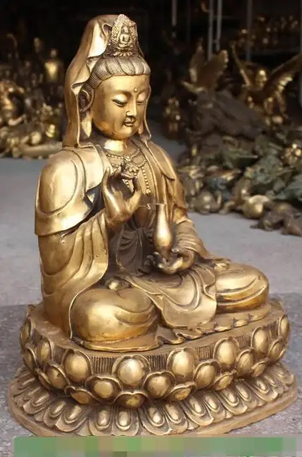 

S2277 21"Chinese Bronze Kwan-yin Guanyin Shakyamuni Buddha Seat Lotus Base Vase Statue