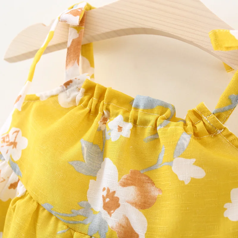 Милое летнее платье для маленьких девочек Хлопковое платье трапециевидной формы без рукавов с цветочным принтом и поясом+ пляжная шляпа, 2 предмета