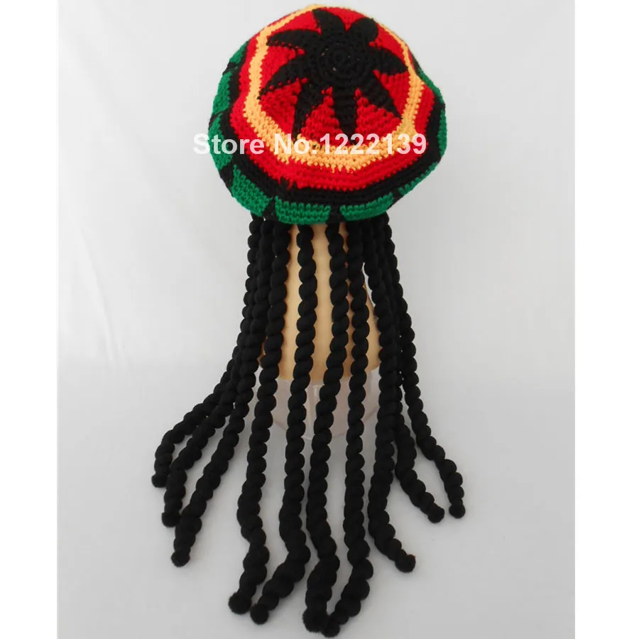 

50pcs/lot Jamaican Bob Marley Rasta Beanie Hat With Dreadlocks Wig Braid Fancy Dress Cap Reggae African Hair Wraps Braiding