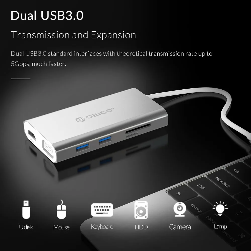 ORICO USB C 3,1 концентратор для HDMI RJ45 VGA USB 3,0 3,1 устройство для чтения карт SD TF 8 в 1 usb-хаб для MacBook samsung Galaxy S9 huawei mate 20