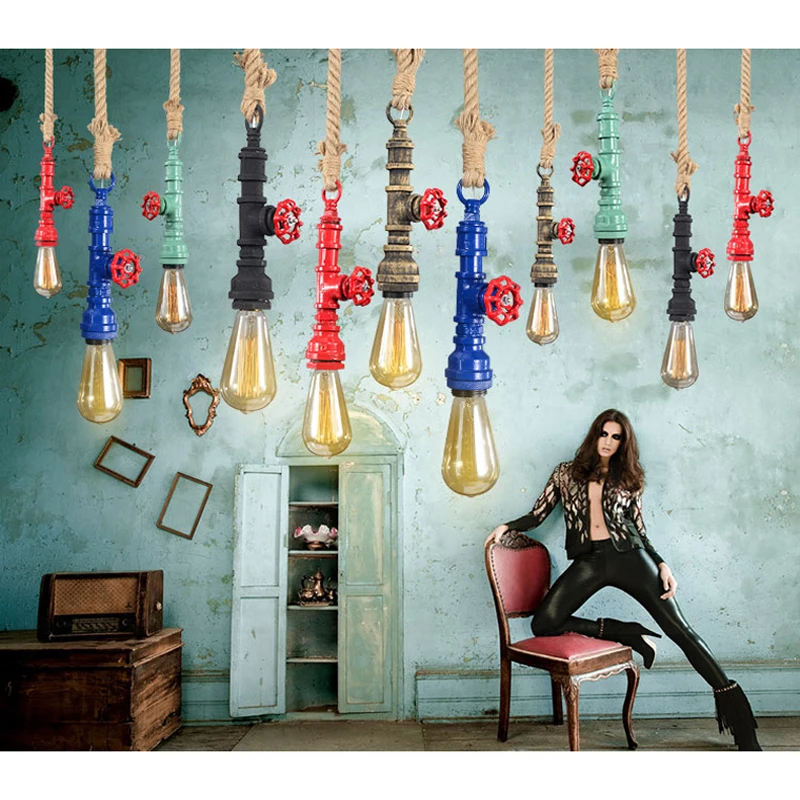 

a lamp Hemp rope iron pipe LED chandelier all kinds of color collocation fashion personality for bar restaurant Chandelier