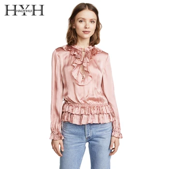 

HYH Haoyihui 2018 New Arrival Woman Solid Pink Shirt Sexy Full Ruffles Floral Shirt O-Neck Shirt 2018 Spring New Fashion Shirt