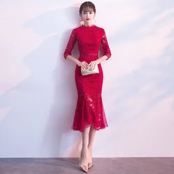 

2020 New Spring Summer Red Lace Bride Toast Dress Elegant Slim Fishtail Cheongsam Sexy Wedding Party High Quality Qipao 3XL