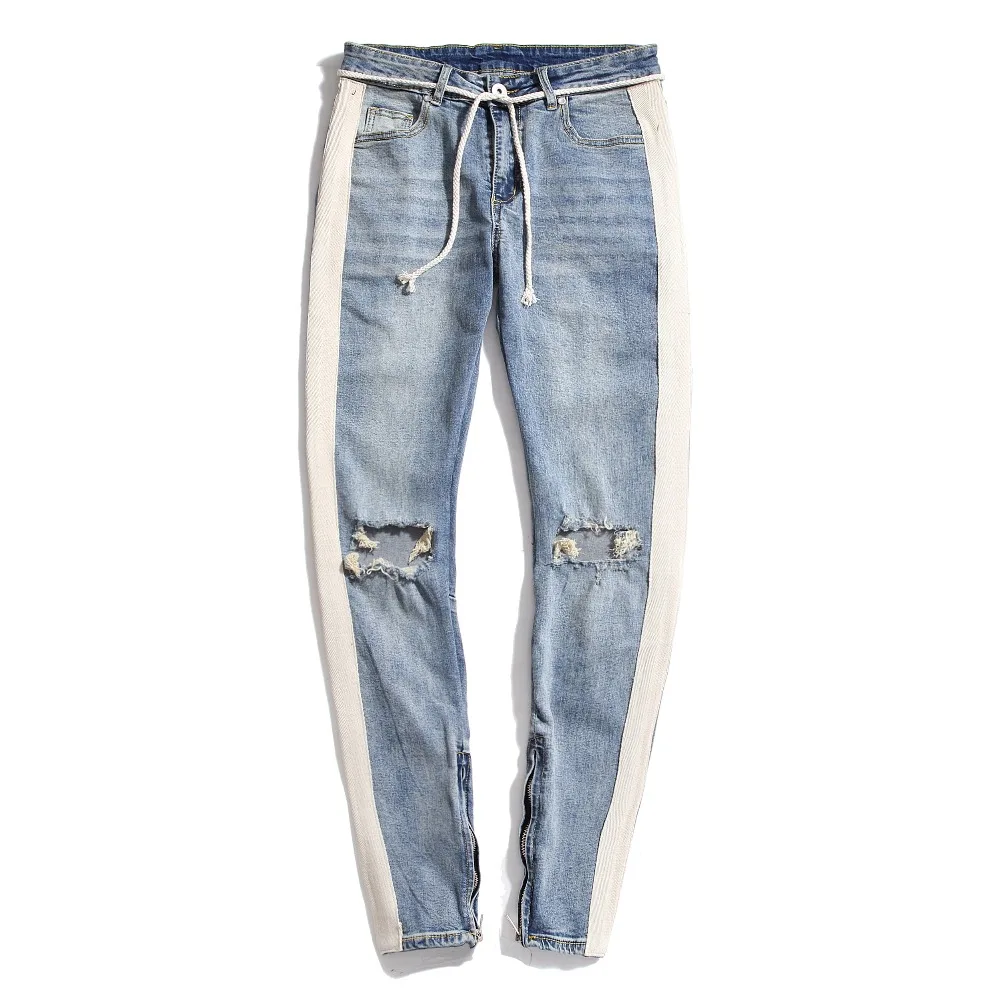 GMANCL мужские рваные джинсы в стиле хип-хоп с дырками, обтягивающие мужские джинсы в белую полоску, рваные джинсы с молнией на лодыжке, уличные джинсы для бега - Цвет: B2205 blue
