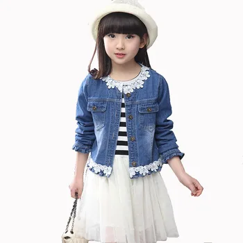 

2020 Spring Fall Children's Fashion Suit Set of 4-13 Year-old Girl Lace Stitching denim Jacket+striped Dress Two-piece Suit