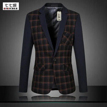 

6XL Blazer Men Large Size Business Dress Blazers Stitching High Quality Tide Leisure Jacket Men Cotton Mens Plaid Suits