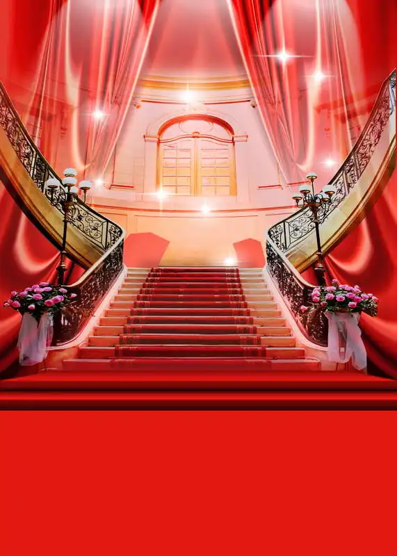 

10x10ft Red Curtain Stairs Staircase Church Entrance Seamless Washable Wrinkle Free Photo Background Backdrop Polyester Fabric