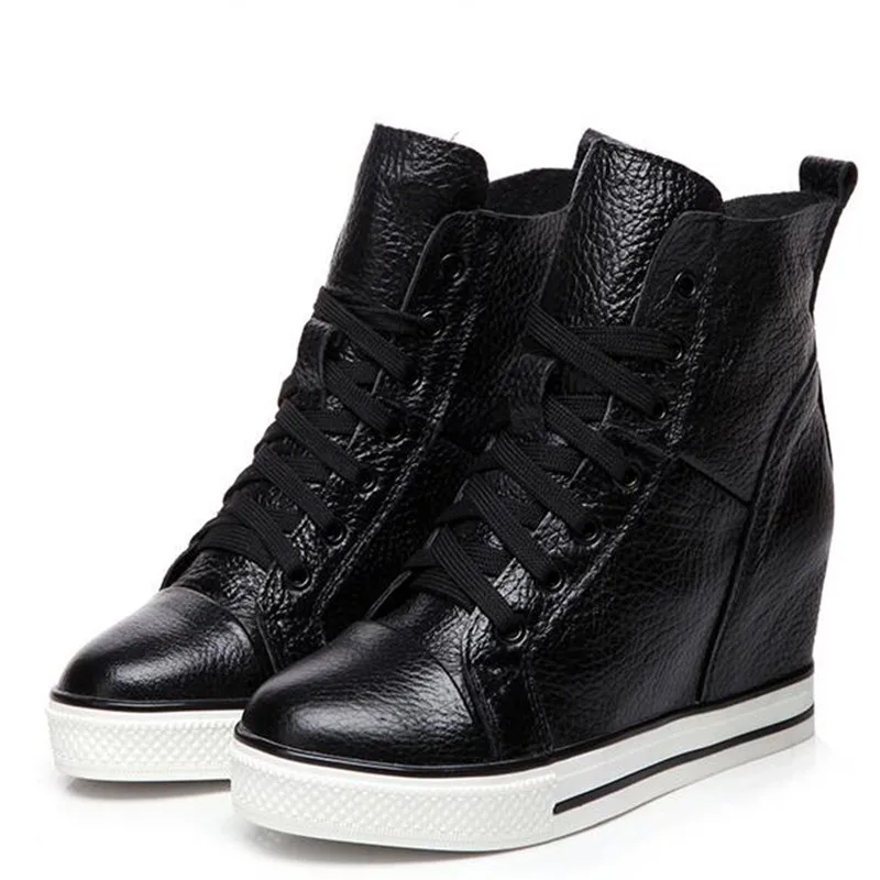 2019 Newest Spring Lace-up High-top Genuine Leather Shoes Women Sneakers Shoes High Heels Increase Within Wedges Casual Shoes 2019 Newest Spring Lace-up High-top Genuine Leather Shoes Women Sneakers Shoes High Heels Increase Within Wedges Casual Shoes