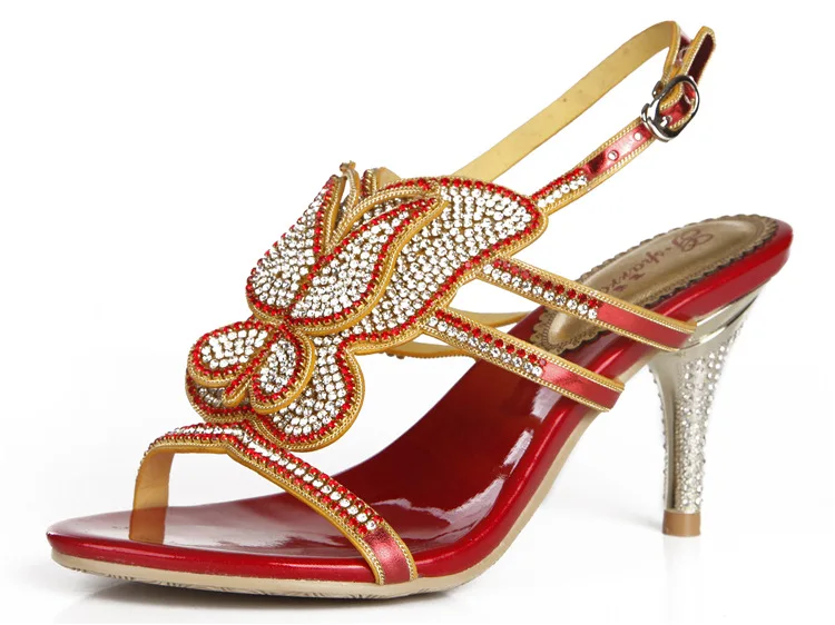 G-sparrow 2018 Womens Summer New High-heeled Sandals Stiletto Diamonds Crystal Sexy Elegant Fashion Red Wedding Shoes 8cm12
