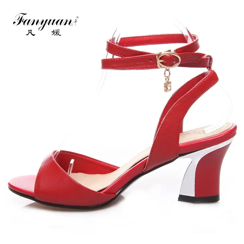 

Fanyuan 2017 Spring Summer Women Pump Sandals Genuine Leather Cross-tied Peep-toe Med High Heel Fashion Shoes Size 33-44