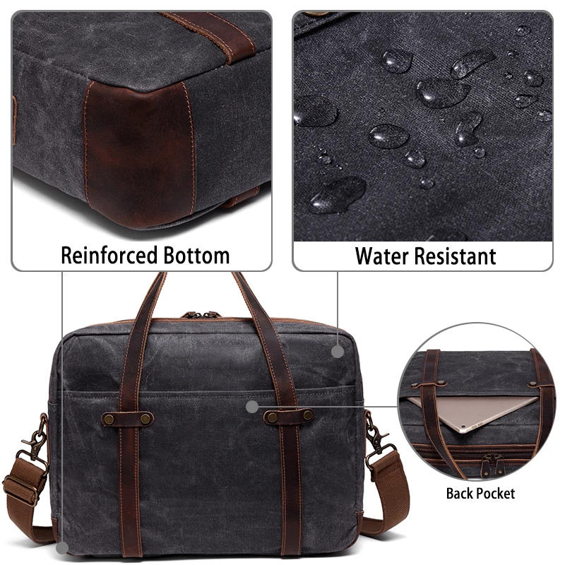 VASCHY Briefcase for Men Water Resistant Waxed Canvas Messenger Bag Fits 15.6 in Laptop Man Bag Vintage Leather Bag Briefcases