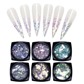 

6 Boxes Nail Glitter Blue Pink Sequins Sparkly Shiny Flakes Colorful 3D Nail Art Decoration Tips Decor Nail Art