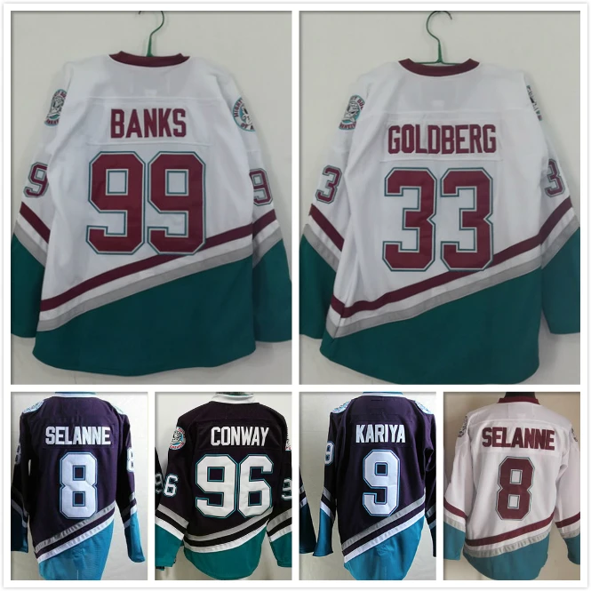 

#96 Conway #9 Kariya #99 Banks #33 Goldberg #8 Selanne Mighty Ducks Movie Ice Hockey Jerseys White Purple Men Women Youth Kids