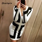 Save 3.99 on 2017 Fashion Black And White Patchwork Bandage Dress Long Sleeve Summer Dress Sexy Deep V Neck Women Evening Party Dresses